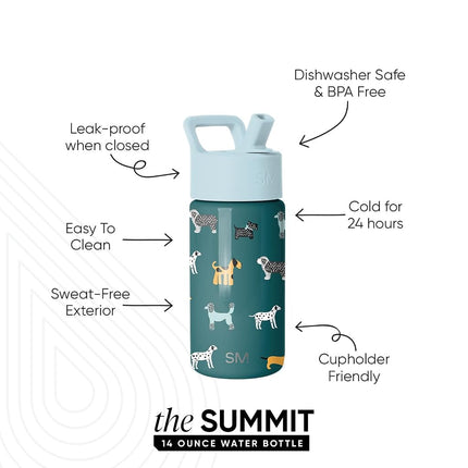 Simple Modern Kids Water Bottle with Straw Lid | Vacuum Insulated Stainless Steel Metal | Reusable Leak Proof BPA-Free Thermos for School | Summit Collection | Dog Days