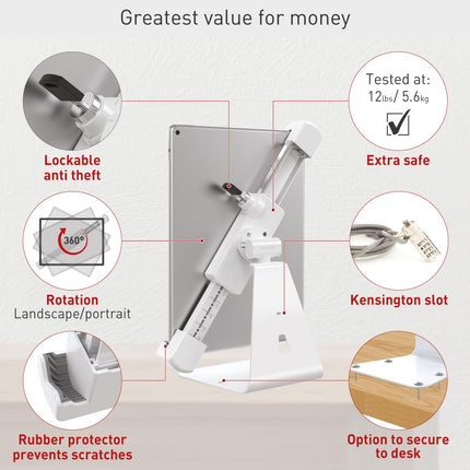 Barkan 8.7â€ - 12â€ Lockable Anti-Theft Tablet Desk Stand, Up to 3 lbs, White & Silver, Touch & Tilt, 360° Rotation