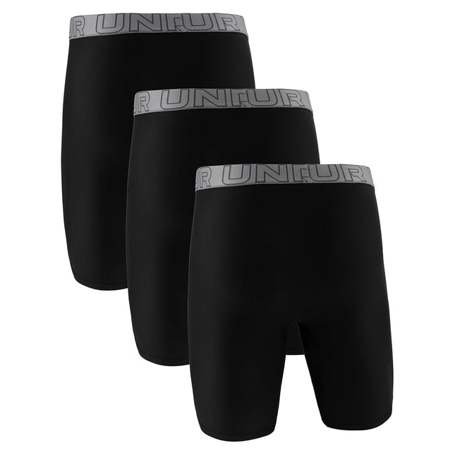 Under Armour Men's Multi-Pack Performance Tech Long-Leg Boxer Brief, 9" Inseam, All-Day Comfort, Black/Steel W/Castlerockl, M