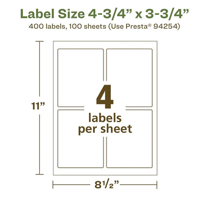 Etiquetas rectangulares recicladas Avery EcoFriendly de color blanco mate, de 4.75" x 3.75", impresión hasta el borde, etiquetas blancas mate, adhesivo permanente para etiquetas, láser/inyección de tinta, 400 etiquetas imprimibles