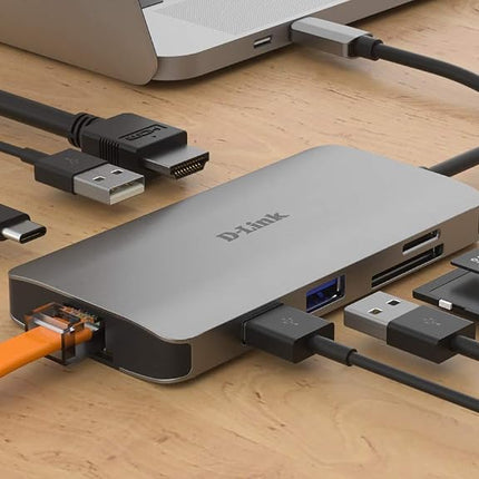 D-Link DUB-M810 8-In-1 USB-C Hub with Power Delivery, HDMI 1.4, Gigabit Ethernet RJ-45, 3 USB 3.0 Ports, SD/MicroSD Reader for MacBook Pro 2016 or later, MacBook Air 2018, Chromebook, Surface Pro 7