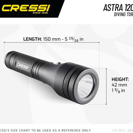 Cressi Astra 1200 Torch Black - High Luminosity Rechargeable LED Underwater Torch 1200 Lumen Waterproof IPX8 100m, Unisex Black and Compact for Diving, Fishing, Aquatic Explorations