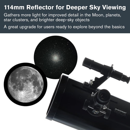 Celestron 21045 PowerSeeker 114EQ Reflector Telescope - includes Two Eyepieces, Barlow Lens, Height-adjustable Tripod and Deluxe Accessory Tray, Black