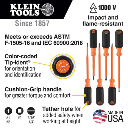 Klein Tools 85076INS Insulated Screwdriver Set Features 1000V Electricial Screwdrivers, (3) Phillips and (2) Slotted and Square Tips, 6-Piece