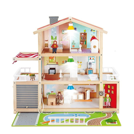 Sustainable Wood Toy, Hape Doll Family Mansion Playset With 4 Figures, 6 Rooms, 2 Balconies, 7 Room Sets and Barbecue. 3 years +