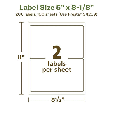 Avery EcoFriendly Matte White Recycled Rectangle Labels, 5" x 8-1/8", Matte White Labels, Permanent Adhesive, Laser/Inkjet Printable, 200 Total