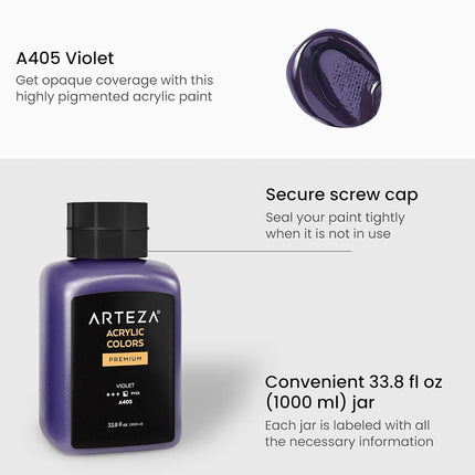 Arteza Acrylic Paint, A405 Violet, 33.8 fl oz, 1000ml Jar, Opaque, Quick-Drying, Acrylic Paints for Painting on Canvas, Paper, and Wood
