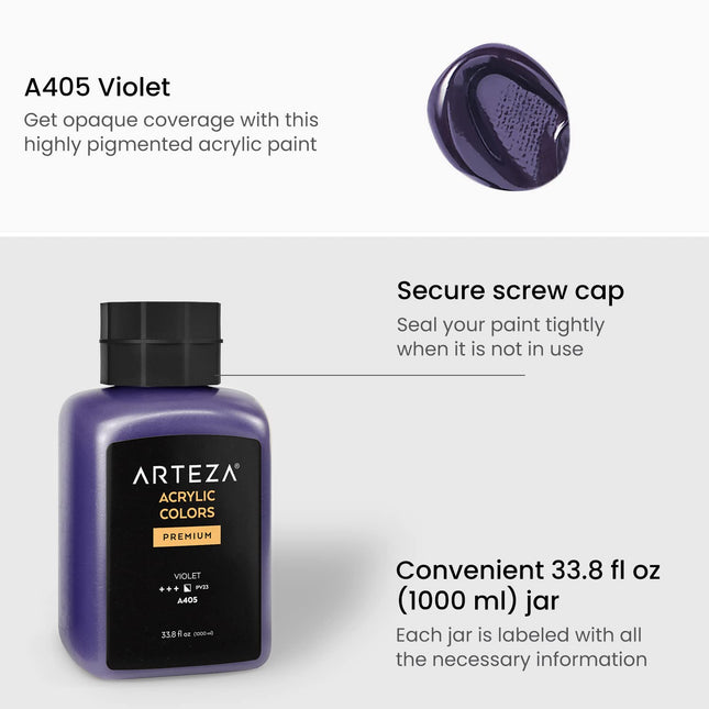 Pintura Acrílica Arteza, A405 Violeta, 1000ml (33.8 fl oz), Bote, Opaca, Secado Rápido, Pinturas Acrílicas para Pintar sobre Lienzo, Papel y Madera