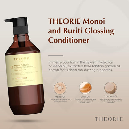 Theorie Monoi & Buriti Glossing Conditioner | Hydrate & Shine | Irresistible Scent of Strawberry, Tangerine & Orange | for Coarse & Dry Hair | Protects Color & Keratin Treated Hair | 400ml