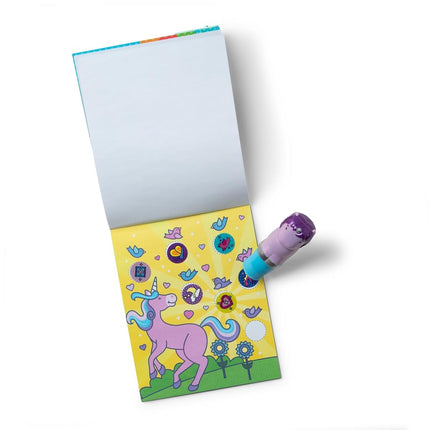 Melissa & Doug WOW 24-Page Activity Pad and Sticker Stamper | Travel Toys for Kids | Glitter Unicorn - Purple - FSC Certified