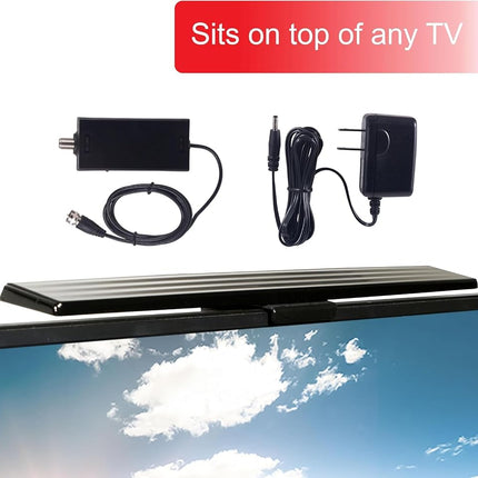 GE Amplified HD TV Antenna, Easy Mount to Top of TV Design, Supports 4K 1080P Digital HDTV VHF UHF, Long Range, Included Amplifier Signal Booster, AC Adapter, and 5 ft. Coax, Indoor, 37075