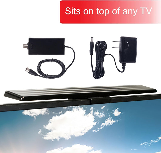 Antenne TV HD amplifiée GE, montage facile sur le dessus du téléviseur, prend en charge la TNT 4K 1080P, VHF UHF, longue portée, amplificateur de signal inclus, adaptateur secteur et câble coaxial de 1,5 m, intérieur, 37075