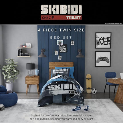 Franco Comforter and Sheet Set, Microfiber, Blue-Skibidi Toilet, 4 Piece Twin Size
