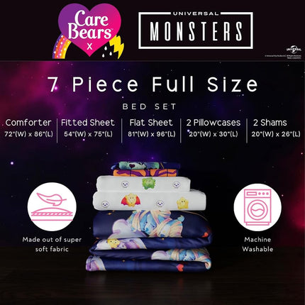 Franco Comforter and Sheet Set, Microfiber, Care Bears X Universal Monsters, 7 Piece Full Size