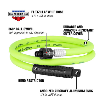 Tuyau d'air fouet pivotant Flexzilla, 3/8 po x 4 pi (pivot à bille MNPT 1/4" x embouts FNPT 1/4"), robuste, léger, hybride, ZillaGreen - HFZ3804YW2B