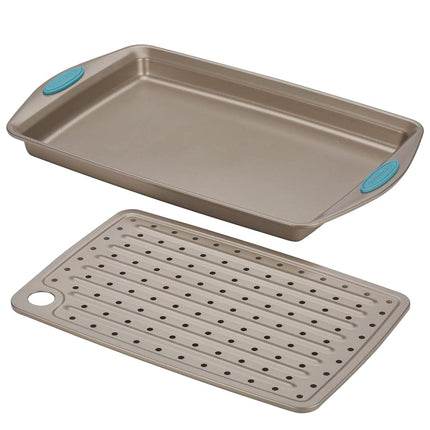 Rachael Ray Cucina Nonstick Bakeware Set with Grips, Nonstick Cookie Sheet/Baking Sheet and Crisper Pan - 2 Piece, Latte Brown with Agave Blue Handle Grips