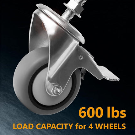 POWERTEC 17201V Roulette pivotante à tige filetée robuste de 3 pouces, capacité de charge totale de 272 kg, avec double frein, pour établis, chariots, diables et meubles, lot de 4, argent