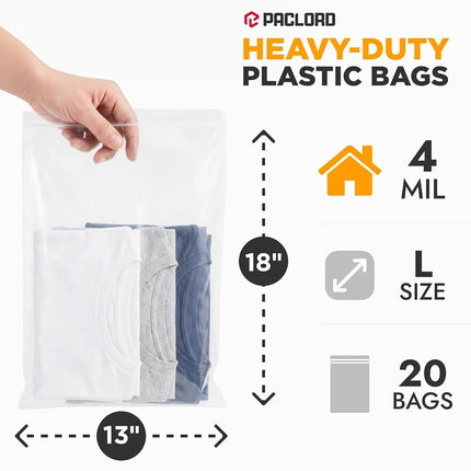 Paclord Large 13" x 18" Gallon Reclosable Poly Zip Seal Lock Bag 4 Mil Thickness, 20 Clear Resealable Bags with Extra Durability, Waterproof and Airtight Heavy Duty Bags