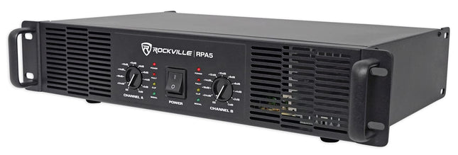 Amplificador de potencia Rockville RPA5 de 1000 vatios pico / 500 W RMS y 2 canales para Pro/DJ