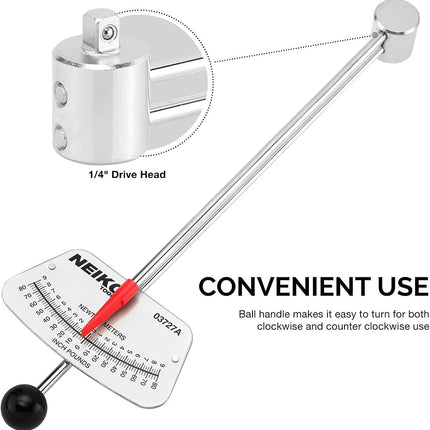 Neiko 03727A 1/4-Inch-Drive Beam Torque Wrench, SAE and MM Bicycle and Automotive Wrench, Reads in 0–80 Inches/Pounds and 0–9 Newton/Meter Increments