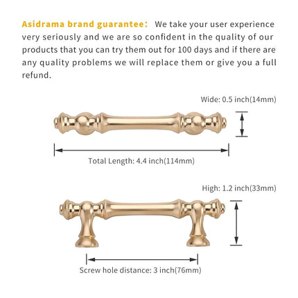 Asidrama 6 Pack 3 Inch(76mm) Brushed Brass Kitchen Cabinet Handles, Gold Cabinet Pulls Kitchen Cabinet Hardware for Cupboard Drawer Pulls