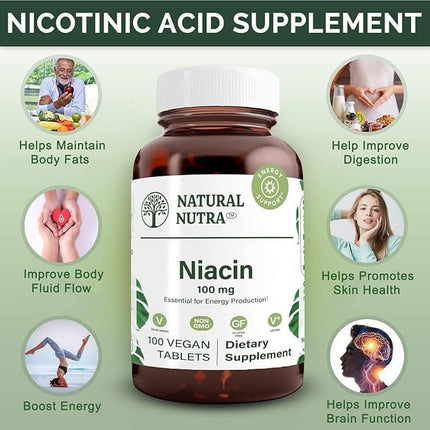 Natural Nutra Niacin as Nicotinic Acid (Vitamin B3) Supplement for Energy, Cholesterol and Cardiovascular Health, Non-GMO, Vegan, Gluten Free, 100 mg, 100 Tablets