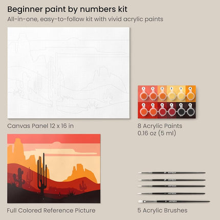 ARTEZA Peinture par Numéros pour Adultes, 30 x 40 cm, 21 Pièces, Kit de Peinture par Numéros Désert, Comprend 1 Toile, 12 Pots de Peinture Acrylique, 5 Pinceaux, Fournitures Artistiques pour la Décoration Murale à la Maison et au Bureau