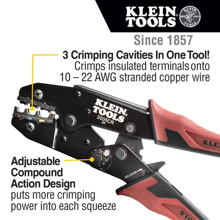 Herramienta crimpadora de cables Klein Tools 3005CR, crimpadora de terminales aislados con trinquete para cables de 10 a 22 AWG