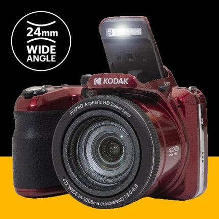 Cámara digital Kodak PIXPRO AZ425-RD de 20MP, zoom óptico 42X, gran angular de 24mm, video Full HD 1080P, estabilización de imagen óptica, batería de iones de litio, LCD de 3", cámara para vlogs (rojo)