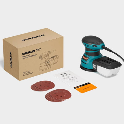 DOVAMAN 350W Random Orbital Sander, Electric Sander for Wood & Metal, 6 Variable Speeds up to 13000RPM, 125mm Sanding Pad, Dust Collection Box & 12Pcs Sandpapers, Power Sanding Machine for DIY
