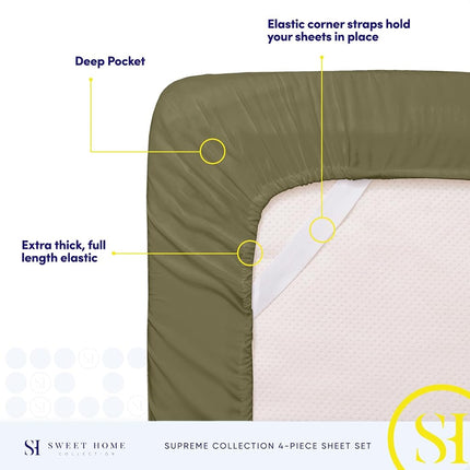 Sweet Home Collection Luxury Bedding Set with Flat, Fitted Sheet, 2 Pillow Cases, Find Double Brushed Microfiber, Olive, King
