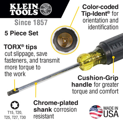 Klein Tools 19555 TORX Cushion Grip Screwdriver Set with T15, T20, T25, T27 and T30 Tip Sizes, 5-Piece, Black/Yellow