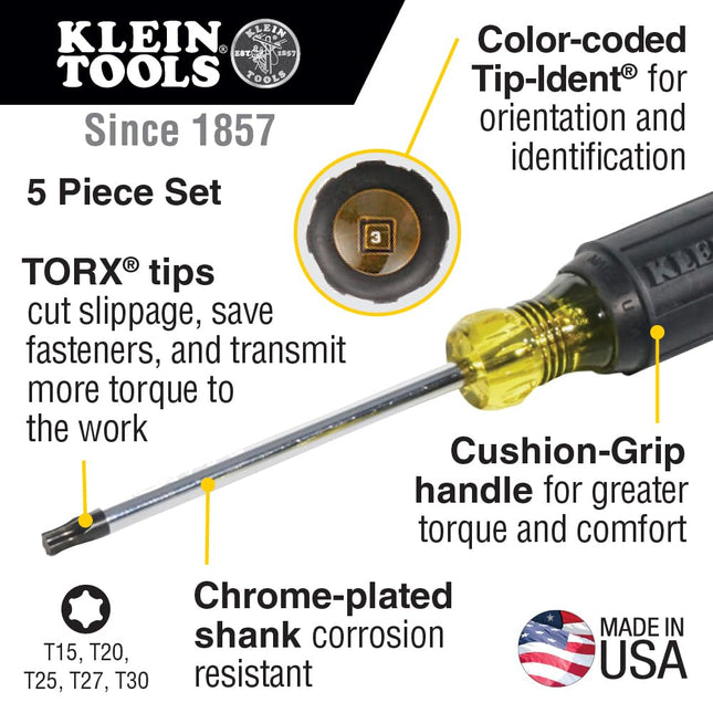 Klein Tools 19555 TORX Cushion Grip Screwdriver Set with T15, T20, T25, T27 and T30 Tip Sizes, 5-Piece, Black/Yellow