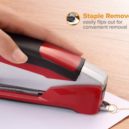 PaperPro inPOWER+28 Executive Stapler - 3 in 1 Stapler - One Finger, No Effort, Spring Powered Stapler, Red/Silver (1117)