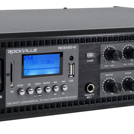 Amplificador comercial/para restaurante Rockville RCS180-6 de 180 vatios, 6 zonas, 70V, con Bluetooth