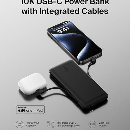 Belkin BOOSTCHARGE Portable Charger Power Bank 10000 mAh with Integrated Lightning (MFI) and USB-C Cables Plus USB-C Port, Compatible with iPhone 13, Pro, Pro Max, Mini, Galaxy S22, Ultra, Plus