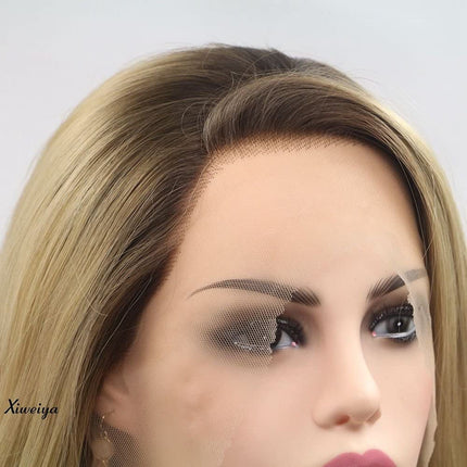 Xiweiya Long Natural Wave Ombre Brown Blonde Synthetic Lace Front Wigs Side Part Heat Resistant Fiber Hair Wigs For Women Replacement Everyday Wigs