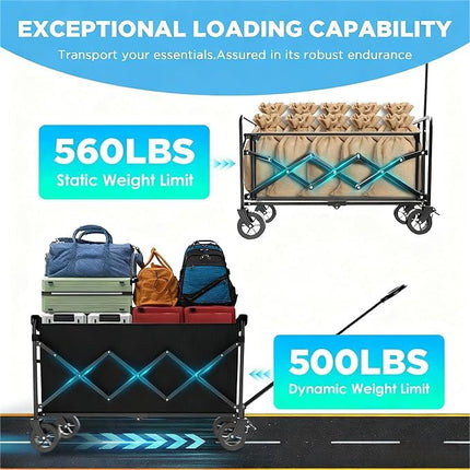 Folding Wagon, Extra Long Extender, Heavy Duty All-Terrain Wheels for Camping, Sports, Shopping, 330 lbs Capacity, Collapsible Cart for Beach, Sand and Large Events,Black (Black-Blue001)