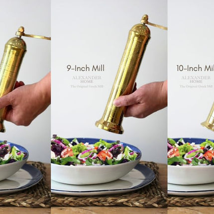 Alexander Home The Original Greek Salt Mill 8 Inch Tall | European Salt Mill Grinder with Crank Handle | Manual Salt Grinder | Salt Refillable - Brass
