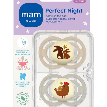 Sucette MAM Perfect 6-16 mois, tétine extra-fine, développée avec des orthodontistes, prouvée cliniquement, brille dans le noir, silicone sans BPA, pack de 2, fabriquée en Europe