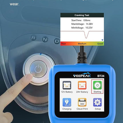 Veepeak Car Battery Tester 12V/24V, 100-2000 CCA Auto Battery Load Tester Analyzer with Cranking and Alternator Test for Cars, SUVs, Trucks, Boats and Motorcycles