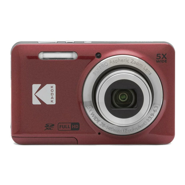 Cámara digital Kodak PIXPRO Friendly Zoom FZ55 (roja) con tarjeta SD de 32 GB, estuche para cámara y cargador de batería de viaje (4 artículos)