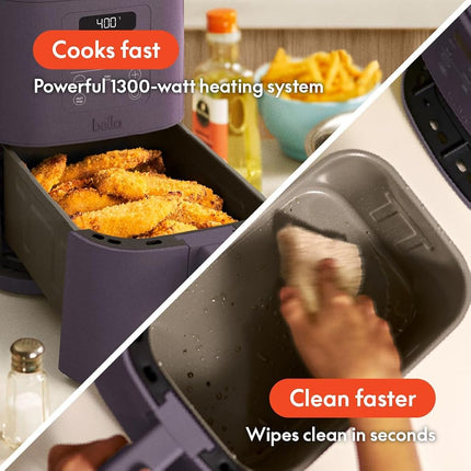 bella 4Qt Slim Air Fryer, Fits-anywhere� Kitchenware, EverGood� Ceramic Nonstick Coating, Adjustable Temperature, 6 Preset Cooking Options, 60 Min Auto Shutoff w Audible Tone, 3.3lb Capacity, Plum