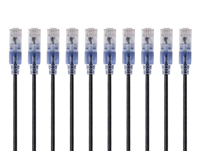 Monoprice SlimRun Cat6A Cable de Conexión Ethernet - Cable de Red a Internet - RJ45, Trenzado, 550Mhz, UTP, Cable de Cobre Puro Desnudo, 10G, 30AWG, 7 pies, Azul, Paquete de 10