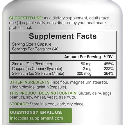 Deal Supplement Zinc 50mg with Selenium + Copper, 240 Capsules, 8 Month Supply, 3 in 1 Mineral Formula, Zinc Picolinate Complex Supplement, Supports Healthy Immune System for Adults and Kids