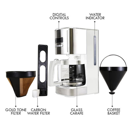 Kenmore 12 Cup Drip Coffee Maker - 1.8L Programmable Coffee Machine With Glass Pot, Regular & Bold Brew, Auto Shut Off Large Water Reservoir, Reusable Filter, Kitchen Appliances For Cafeteria, White