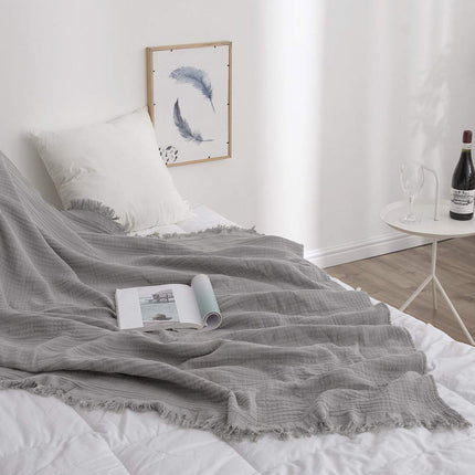 Manta de muselina de algodón sencilla y opulenta para cama y sofá, manta de gasa tejida con borlas, suave, ligera, acogedora, prelavada, transpirable, decoración de casa de campo (gris)