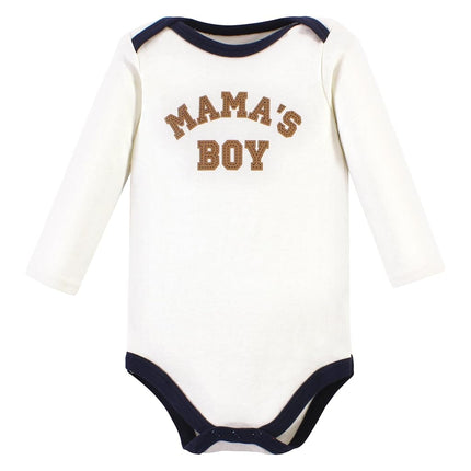 Hudson Baby Unisex Baby Cotton Long-Sleeve Bodysuits, Brown Navy Mamas Boy 3-Pack, Preemie, Brown Navy Mamas Boy 3-pack, Preemie