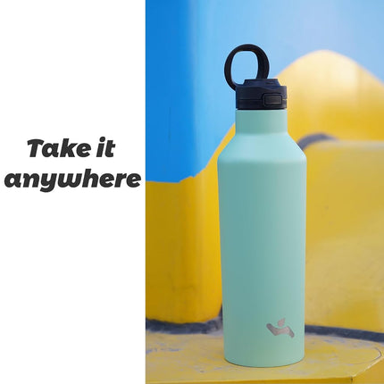 Botella de agua aislada con pajita, termo de agua de acero inoxidable con doble pared y vacío de 25 oz con 2 tapas, azul cian