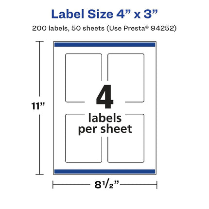 Avery Glossy White Rectangle Labels with Sure Feed, 4" x 3", 200 Glossy White Labels, Print-to-The-Edge, Permanent Label Adhesive, Laser/Inkjet Printable Labels